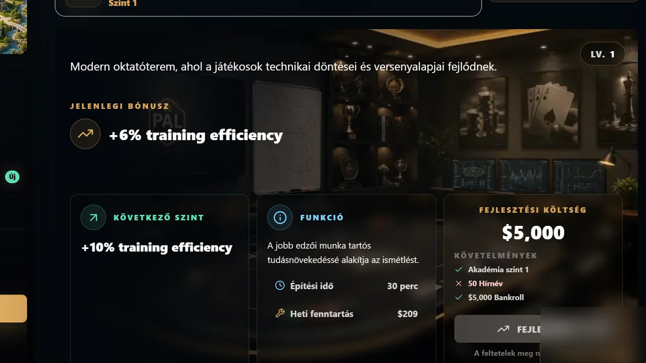 Poker Academies League academy map and upgradeable buildings