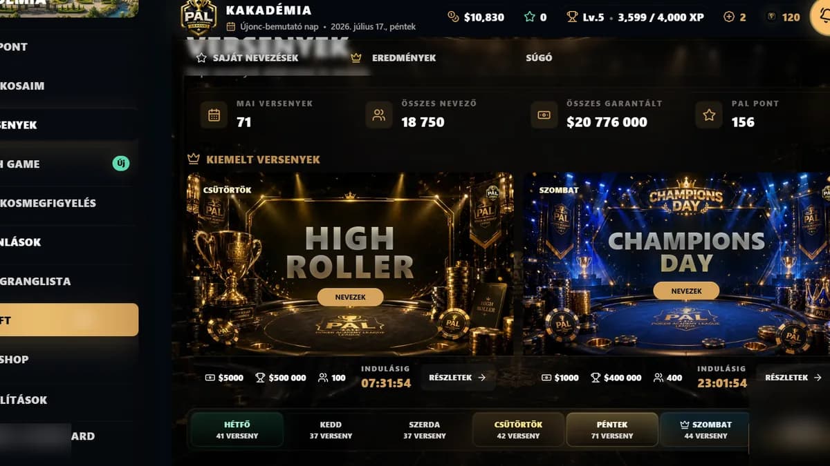 Available poker tournaments in the PAL manager game