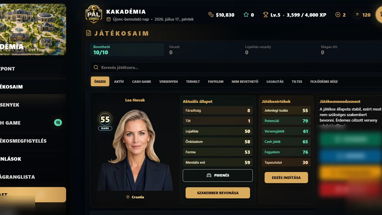Poker player profile showing training, form and fatigue information